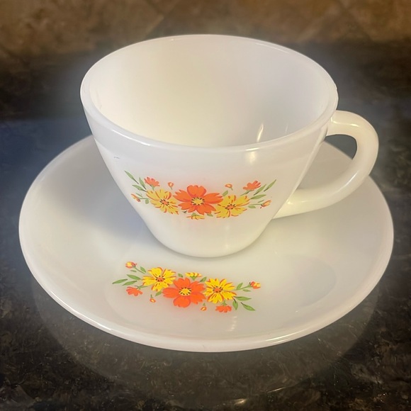Fire King Other - Fire King Anchor Hocking Orange and Yellow Floral Premium Cups & Saucers (4 sets